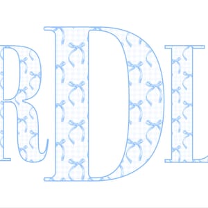 May include: Light blue letters RDL with a bow pattern. The letters are outlined in light blue and filled with a white and light blue gingham pattern with light blue bows.