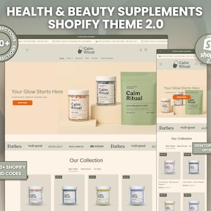 Könnte beinhalten: Ein Website-Mockup für Gesundheits- und Schönheitssupplemente. Das Design zeigt die Marke "Calm Ritual" und präsentiert Produktverpackungen und ein Shopify-Theme. Die Website ist für Desktop und Mobilgeräte optimiert und verfügt über mehr als 120 integrierte Abschnitte.