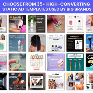 Puede incluir: Un collage de 16 plantillas de anuncios diferentes para redes sociales para varios productos, que incluyen depilaci&oacute;n, crecimiento del cabello, afeitadoras, champ&uacute; seco y productos para el crecimiento de la barba. Los anuncios presentan im&aacute;genes de personas, productos y texto.