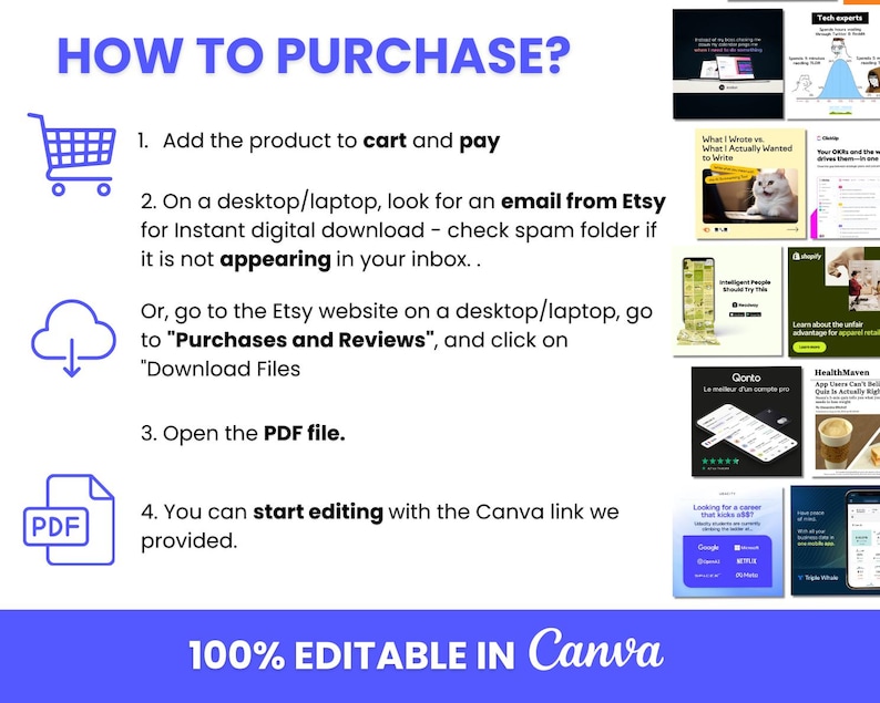 May include: A blue and white illustration of a shopping cart, a cloud with a download arrow, and a PDF file. The text "HOW TO PURCHASE?" is in a blue box at the top of the image. The text "100% EDITABLE IN Canva" is in a blue box at the bottom of the image. The steps to purchase and download a digital product are listed below the text "HOW TO PURCHASE?"