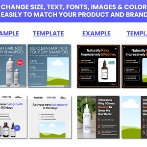 Puede incluir: Un collage de seis anuncios de redes sociales para productos para el cuidado del cabello. Los anuncios presentan im&aacute;genes de botellas de champ&uacute;, acondicionador y suero para el crecimiento del cabello, junto con texto que destaca los beneficios de cada producto. Los anuncios est&aacute;n dise&ntilde;ados para ser llamativos e informativos, y utilizan una variedad de colores y fuentes para que destaquen.