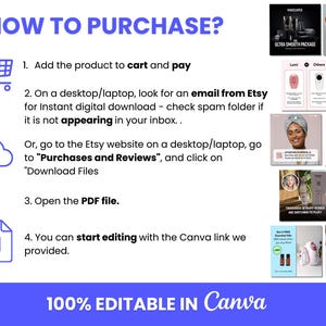 Puede incluir: Una ilustraci&oacute;n azul y blanca de un carrito de compras, una nube con una flecha hacia abajo y un archivo PDF. El texto "HOW TO PURCHASE?" est&aacute; en un cuadro azul en la parte superior de la imagen. El texto "100% EDITABLE IN Canva" est&aacute; en un cuadro azul en la parte inferior de la imagen. Los pasos para comprar un producto digital se enumeran debajo del texto "HOW TO PURCHASE?"  Los pasos incluyen agregar el producto al carrito, pagar, descargar el archivo y abrir el archivo PDF.