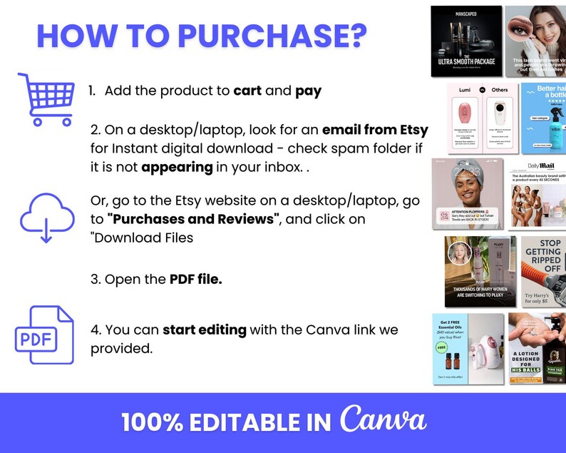 Puede incluir: Una ilustraci&oacute;n azul y blanca de un carrito de compras, una nube con una flecha hacia abajo y un archivo PDF. El texto "HOW TO PURCHASE?" est&aacute; en un cuadro azul en la parte superior de la imagen. El texto "100% EDITABLE IN Canva" est&aacute; en un cuadro azul en la parte inferior de la imagen. Los pasos para comprar un producto digital se enumeran debajo del texto "HOW TO PURCHASE?"  Los pasos incluyen agregar el producto al carrito, pagar, descargar el archivo y abrir el archivo PDF.