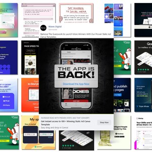 May include: A collage of colorful digital marketing ads with various themes, including social media, weight loss, career advice, and mobile apps. The ads feature text, images, and graphics, and some include calls to action.