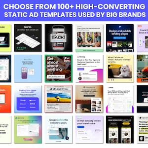 May include: A collage of 16 static ad templates used by big brands. The ads feature various designs and text, including "Never miss a sale with Square", "Qonto", "The app is back!" and "Get almost anything".