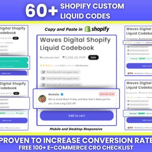 Könnte beinhalten: Eine Collage aus vier Bildern, die ein digitales Produkt namens "Waves Digital Shopify Liquid Codebook" präsentieren. Das Produkt wird als Mittel zur Steigerung der Conversion-Rate beworben und beinhaltet eine kostenlose E-Commerce-CRO-Checkliste. Die Bilder zeigen eine Produktbeschreibung, den Preis, Bewertungen und einen Call-to-Action, um das Produkt in den Warenkorb zu legen. Der Text "60+ Shopify Custom Liquid Codes" wird oben im Bild angezeigt.
