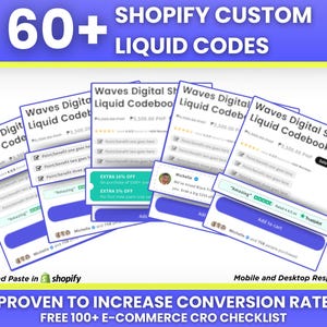 Könnte beinhalten: Eine digitale Produktliste für ein Shopify Liquid Codebook mit über 60 benutzerdefinierten Codes. Das Produkt wird als "Bewiesen, um die Conversion Rate zu erhöhen" beschrieben und beinhaltet eine kostenlose E-Commerce CRO-Checkliste mit über 100 Punkten. Das Produkt kostet 1.500,00 PHP.