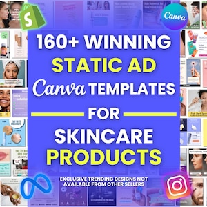 Könnte beinhalten: Eine Collage aus über 160 Canva-Vorlagen für Anzeigen von Hautpflegeprodukten. Die Vorlagen bieten eine Vielzahl von Designs, darunter Bilder von Produkten, Text und Grafiken. Der Text auf dem Bild lautet "160+ Gewinnende statische Anzeigen Canva-Vorlagen für Hautpflegeprodukte".