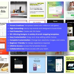 May include: A collage of colorful images showcasing various online marketing and business tools. The central image features a blue and white design with the text "Proven Creatives: Templates tested with millions in ad spend."  The text below lists key features such as "High Converting", "Fast Production", "50+ Winning Designs", "Easy Customization", "Complete Customization", "Beginner-Friendly", "Lifetime Access", and "Collaborative Use".
