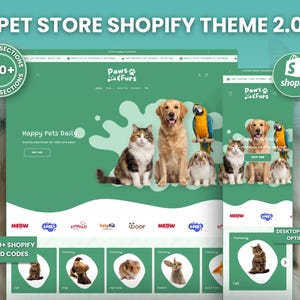 Könnte beinhalten: Eine digitale Vorschau eines Paws and Furs Shopify-Themes 2.0 für Tierhandlungen mit grüner Benutzeroberfläche und Bildern von Katze, Hund, Papagei und Kaninchen. Das Layout enthält ein Navigationsmenü, Produktkategorien und Optimierungshinweise.