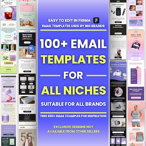 Pode incluir: Uma colagem de modelos de e-mail coloridos para vários nichos. O texto diz "Mais de 100 modelos de e-mail para todos os nichos. Adequado para todas as marcas. Mais de 650 exemplos de e-mail gratuitos para inspirar. Designs exclusivos não disponíveis em outros vendedores."