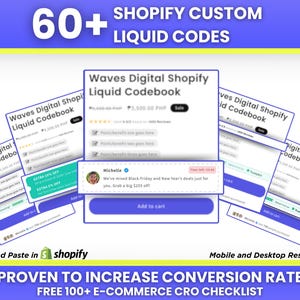 Könnte beinhalten: Eine blaue und gelbe Grafik mit dem Text "60+ SHOPIFY CUSTOM LIQUID CODES" und einem Screenshot einer Webseite mit dem Text "Waves Digital Shopify Liquid Codebook" und einem Preis von "3.500,00 PHP". Die Webseite hat einen Button mit der Aufschrift "In den Warenkorb legen". Die Grafik enthält auch den Text "PROVEN TO INCREASE CONVERSION RATE FREE 100+ E-COMMERCE CRO CHECKLIST".