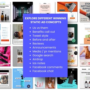 Puede incluir: Un collage de im&aacute;genes que muestran diferentes conceptos de anuncios est&aacute;ticos para varios productos. Los conceptos incluyen "Nosotros contra ellos", "Destacar los beneficios", "Estilo de tuit", "Antes y despu&eacute;s", "Rese&ntilde;as", "Anuncios", "Menciones de medios / relaciones p&uacute;blicas", "B&uacute;squeda de Google", "Airdrop", "Notas", "Comentarios de Facebook" y "Chat de Facebook".
