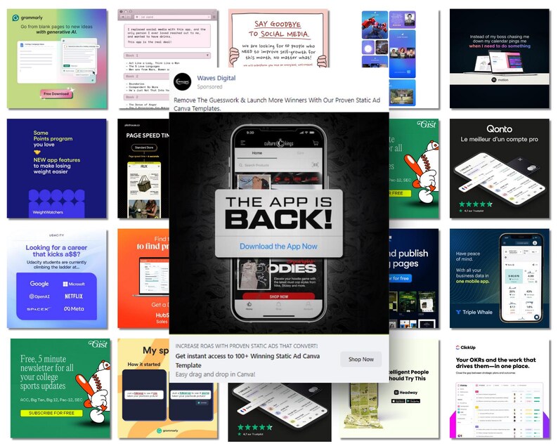 May include: A collage of various social media ads, featuring a variety of products and services. The ads are colorful and visually appealing, with a focus on promoting apps and online services. Some of the ads include text such as "The App is Back!" and "Increase ROAS with Proven Static Ads that Convert."