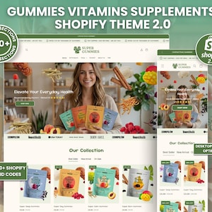 Gummies Dietary Supplement Shopify 2.0 Theme, Beige Green Minimalist Design, Wellness Brand Ecommerce Website Template, Multivitamin Stores