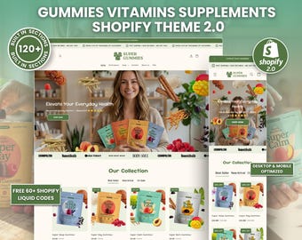 Gummies Dietary Supplement Shopify 2.0 Theme, Beige Green Minimalist Design, Wellness Brand Ecommerce Website Template, Multivitamin Stores