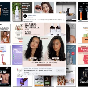 Puede incluir: Un collage de im&aacute;genes que promocionan varios productos de belleza y aseo. Las im&aacute;genes muestran productos para el cuidado del cabello, maquinillas de afeitar, productos para el cuidado de la piel y extensiones de pesta&ntilde;as. El texto de las im&aacute;genes incluye frases como "Consigue un cabello m&aacute;s grueso, fuerte y saludable", "El Santo Grial del cuidado del cabello" y "Cambia de opini&oacute;n sobre las pesta&ntilde;as".