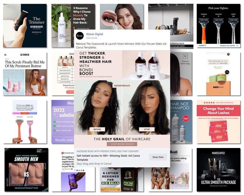 Puede incluir: Un collage de im&aacute;genes que promocionan varios productos de belleza y aseo. Las im&aacute;genes muestran productos para el cuidado del cabello, maquinillas de afeitar, productos para el cuidado de la piel y extensiones de pesta&ntilde;as. El texto de las im&aacute;genes incluye frases como "Consigue un cabello m&aacute;s grueso, fuerte y saludable", "El Santo Grial del cuidado del cabello" y "Cambia de opini&oacute;n sobre las pesta&ntilde;as".
