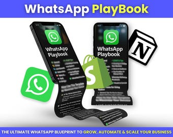 以下が含まれることがあります： 「WhatsApp Playbook」のロゴとコンテンツが表示された2台のスマートフォンが写った画像。緑色の「S」のショッピングバッグと白黒の「N」のロゴも表示されています。「WhatsApp Playbook」のテキストと、スローガン「THE ULTIMATE WHATSAPP BLUEPRINT TO GROW, AUTOMATE & SCALE YOUR BUSINESS」が表示されています。