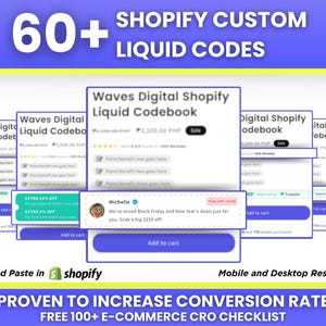 Könnte beinhalten: Eine digitale Produktliste für ein Shopify Liquid Codebook mit einem blauen Button mit der Aufschrift "In den Warenkorb legen" und einem Testimonial von einer Kundin namens Michelle. Das Produkt wird als nachweislich konversionsfördernd beworben und beinhaltet eine kostenlose E-Commerce-CRO-Checkliste mit über 100 Punkten.