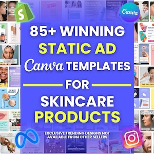 Könnte beinhalten: Eine Collage aus über 85 Canva-Vorlagen für Anzeigen von Hautpflegeprodukten. Die Vorlagen zeigen eine Vielzahl von Designs, darunter Bilder von Menschen, die Hautpflegeprodukte verwenden, Textüberlagerungen und farbenfrohe Hintergründe. Der Text "85+ WINNING STATIC AD Canva TEMPLATES FOR SKINCARE PRODUCTS" wird in großen, fetten Buchstaben angezeigt.