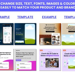 May include: A collage of four different social media ads, each with a unique design and message. The ads feature a variety of colors, including blue, green, purple, and white. The text on the ads includes phrases like "Ready to Take Your Agency's Customer Experience to the Next Level?" and "Crack the AI Code to Seize a Brighter Future."
