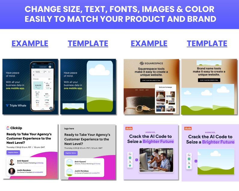May include: A collage of four different social media ads, each with a unique design and message. The ads feature a variety of colors, including blue, green, purple, and white. The text on the ads includes phrases like "Ready to Take Your Agency's Customer Experience to the Next Level?" and "Crack the AI Code to Seize a Brighter Future."