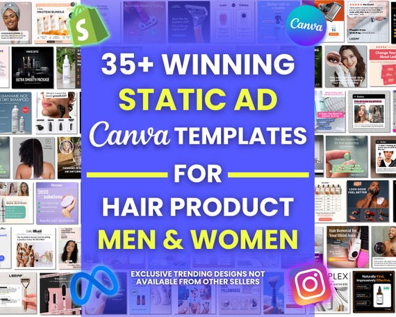 35+ Winning Static Ad Canva Templates for Hair Product Facebook Ad Templates Image Ad Creatives Hair Loss / Growth Canva Template Meta Ads