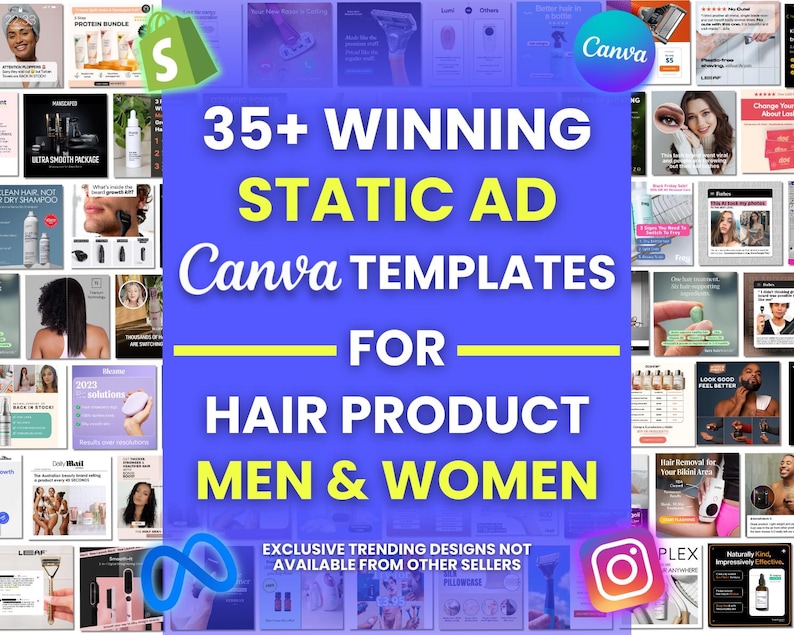 Puede incluir: Un collage de m&aacute;s de 35 plantillas de Canva para anuncios est&aacute;ticos que promocionan productos para el cabello. Las plantillas presentan una variedad de dise&ntilde;os, que incluyen im&aacute;genes de personas con diferentes tipos de cabello, superposiciones de texto e im&aacute;genes de productos. El texto "35+ WINNING STATIC AD Canva TEMPLATES FOR HAIR PRODUCT MEN & WOMEN" se muestra en letras grandes y en negrita.