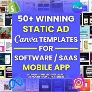 Könnte beinhalten: Eine Collage aus über 50 statischen Canva-Vorlagen für Software- und mobile Apps. Das Bild zeigt einen blauen und gelben Hintergrund mit dem Text "50+ WINNING STATIC AD Canva TEMPLATES FOR SOFTWARE / SAAS MOBILE APP" in Weiß. Das Bild enthält auch eine Vielzahl verschiedener Anzeigenentwürfe, darunter solche für soziale Medien, E-Mail-Marketing und Website-Werbung.