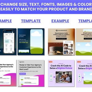 May include: A collage of six different social media ads, each with a unique design and message. The ads feature a variety of topics, including business data, website creation, and AI technology. The ads are all designed to be visually appealing and engaging.