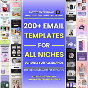 Könnte beinhalten: Werbebild mit einer Sammlung von E-Mail-Vorlagen für verschiedene Nischen. Der Text lautet "200+ E-Mail-Vorlagen für alle Nischen" und "Einfach in Figma zu bearbeiten". Das Design enthält Beispiele zur Inspiration und ist für alle Marken geeignet.