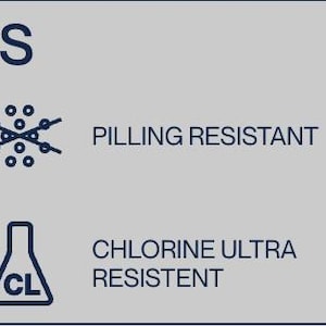 May include: A graphic showing fabric features, including bielastic, UV ray protection, pilling resistant, chlorine ultra resistant, perfect wearability, and sun cream and oil resistant.