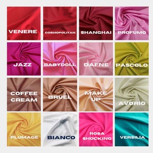 Pu&ograve; includere: Una griglia di sedici campioni di tessuto in vari colori, ciascuno etichettato con un nome. I colori vanno dal rosso e rosa al beige, giallo e turchese. I nomi includono "Venere", "Cosmopolitan", "Shanghai" e "Profumo".