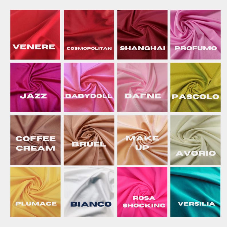 Pu&ograve; includere: Una griglia di sedici campioni di tessuto in vari colori, ciascuno etichettato con un nome. I colori vanno dal rosso e rosa al beige, giallo e turchese. I nomi includono "Venere", "Cosmopolitan", "Shanghai" e "Profumo".