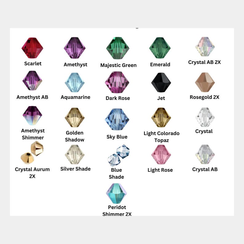 Może przedstawiać: Kolekcja fasetowanych koralik&oacute;w bicone w r&oacute;żnych kolorach i wykończeniach, oznaczonych nazwami takimi jak Scarlet, Amethyst, Majestic Green, Emerald, Crystal AB 2X, Amethyst AB, Aquamarine, Dark Rose, Jet, Rosegold 2X, Amethyst Shimmer, Golden Shadow, Sky Blue, Light Colorado Topaz, Crystal, Crystal Aurum 2X, Silver Shade, Blue Shade, Light Rose, Crystal AB oraz Peridot Shimmer 2X.