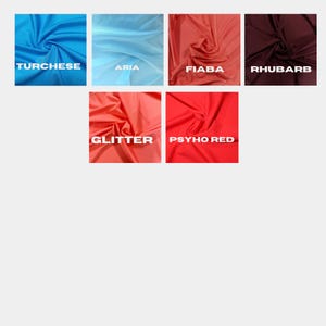Pu&ograve; includere: Campioni di tessuto in vari colori, tra cui turchese, azzurro, corallo e rosso scuro. Ogni campione &egrave; etichettato con un nome di colore in testo bianco: "TURCHESE", "ARIA", "FIABA", "RHUBARB", "GLITTER" e "PSYCHO RED".