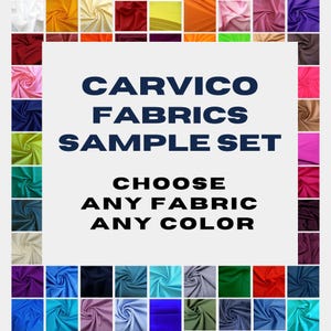 以下が含まれることがあります： Carvico Fabricsの生地見本セット。生地と色を自由に選べます。画像はさまざまな色と質感の生地を示しています。