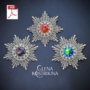 May include: Three beaded snowflake brooches with different coloured centre stones. The brooches are silver and white with a red, blue, and purple centre stone. The brooches are on a dark blue background. The text "GLENA KOSTRIKINA" is at the bottom of the image.