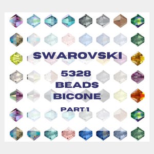 Może przedstawiać: Kolekcja wielokolorowych koralik&oacute;w bicone Swarovski 5328 ułożonych w siatkę. Koraliki mają r&oacute;żne fasetowane wykończenia w odcieniach niebieskiego, zielonego, r&oacute;żowego, ż&oacute;łtego, fioletowego, przezroczystego i metalicznego. Tekst brzmi SWAROVSKI 5328 BEADS BICONE PART 1.