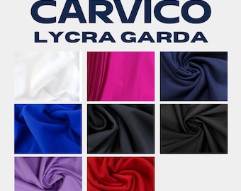 May include: A collection of fabric swatches in various colors, including white, pink, blue, black, purple, and red. The swatches are arranged in a grid pattern and feature the text "CARVICO LYCRA GARDA".