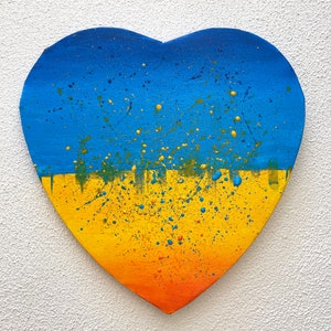 Verenigde Arabische Emiraten, Oekraïense vlag, hart, liefde voor Oekraïne, Oekraïne in het hart, acrylschilderij, originele foto