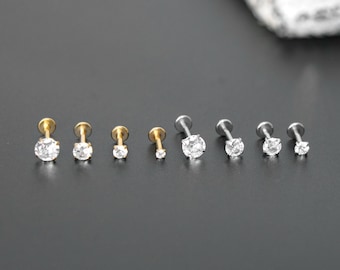 20G Titan Labret Ohrstecker, Moissanit Ohrstecker, kleine Tragus Ohrring Tragus Piercing Bolzen, fadenlose Push Pin Ohrring mit flachem Rücken