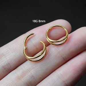 Anneau de nez double en or, titane massif de qualité implantaire 18G/16G, cerceau, boucle d'oreille cartilage/conque/hélice, cliquet de septum
