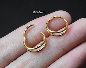Anillo nasal de titanio macizo de grado implantario de acero quirúrgico de 18/16 g con doble oro, aro, pendiente de aro para cartílago, caracola y hélix, cierre de clic para tabique nasal.
