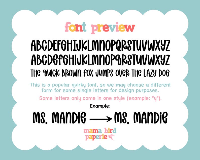 K&ouml;nnte beinhalten: Eine Schriftartvorschau mit dem Alphabet in Gro&szlig;- und Kleinbuchstaben sowie dem Satz &bdquo;The quick brown fox jumps over the lazy dog&ldquo;. Der Text ist in einem skurrilen Stil gehalten, mit einem Beispiel f&uuml;r Buchstabenvariationen.