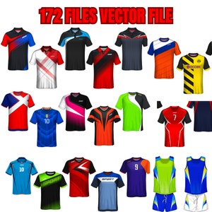 May include: A collection of 172 vector files featuring various sports jersey designs. The jerseys are in different colors and patterns, including red, blue, green, yellow, and black. Some jerseys have numbers and text, such as "Sport" and "Soccer".