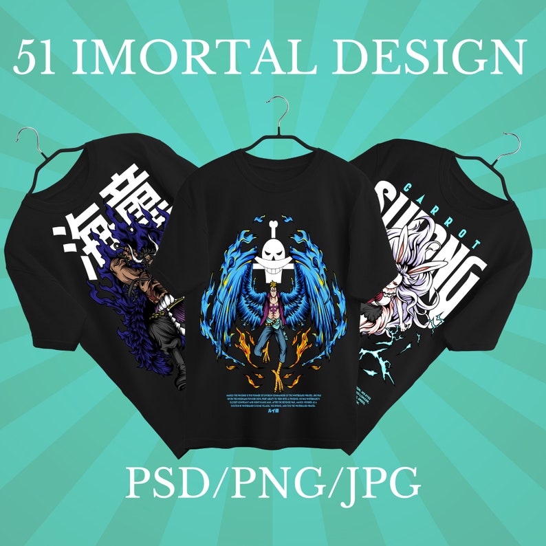 May include: Three black t-shirts with different graphic designs. The first shirt features a character with blue wings and a skull on its chest. The second shirt features a character with a sword and a Japanese character. The third shirt features a character with white hair and the word "CARROT" written vertically.