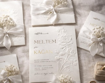 Juego de invitaciones de boda de lujo / Cinta de seda, relieve, papelería metalizada