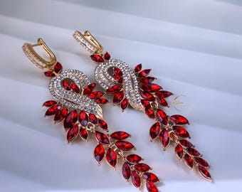 Red Dangle Earrings, Red Rhinestone Earrings, Red Bridesmaid Earrings, Party Big Earrings, Red Crystal Earrings, Gift for Bridesmaids, Gift.
